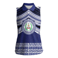 Personalised Tonga Sia'atoutai Theological College Women Sleeveless Polo Shirt Polynesian Ngatu Tribal LT9 Female Blue - Polynesian Pride