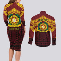 Personalised Tonga Vava'u High School Couples Matching Long Sleeve Bodycon Dress and Long Sleeve Button Shirt Polynesian Ngatu Tribal