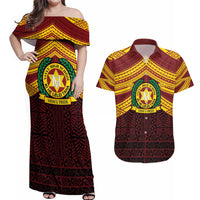 Personalised Tonga Vava'u High School Couples Matching Off Shoulder Maxi Dress and Hawaiian Shirt Polynesian Ngatu Tribal LT9 Red - Polynesian Pride