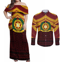 Personalised Tonga Vava'u High School Couples Matching Off Shoulder Maxi Dress and Long Sleeve Button Shirt Polynesian Ngatu Tribal LT9 Red - Polynesian Pride