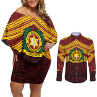 Personalised Tonga Vava'u High School Couples Matching Off Shoulder Short Dress and Long Sleeve Button Shirt Polynesian Ngatu Tribal LT9 Red - Polynesian Pride