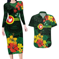 American Samoa Manu'atele Personalized Couples Matching Long Sleeve Bodycon Dress and Hawaiian Shirt Manua Island Hibiscus Flowers LT9 Green - Polynesian Pride