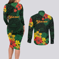 American Samoa Manu'atele Personalized Couples Matching Long Sleeve Bodycon Dress and Long Sleeve Button Shirt Manua Island Hibiscus Flowers LT9 - Polynesian Pride
