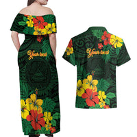 American Samoa Manu'atele Personalized Couples Matching Off Shoulder Maxi Dress and Hawaiian Shirt Manua Island Hibiscus Flowers LT9 - Polynesian Pride