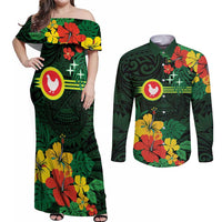 American Samoa Manu'atele Personalized Couples Matching Off Shoulder Maxi Dress and Long Sleeve Button Shirt Manua Island Hibiscus Flowers LT9 Green - Polynesian Pride