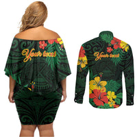 American Samoa Manu'atele Personalized Couples Matching Off Shoulder Short Dress and Long Sleeve Button Shirt Manua Island Hibiscus Flowers LT9 - Polynesian Pride