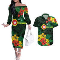 American Samoa Manu'atele Personalized Couples Matching Off The Shoulder Long Sleeve Dress and Hawaiian Shirt Manua Island Hibiscus Flowers LT9 Green - Polynesian Pride