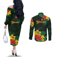 American Samoa Manu'atele Personalized Couples Matching Off The Shoulder Long Sleeve Dress and Long Sleeve Button Shirt Manua Island Hibiscus Flowers LT9 - Polynesian Pride