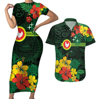 American Samoa Manu'atele Personalized Couples Matching Short Sleeve Bodycon Dress and Hawaiian Shirt Manua Island Hibiscus Flowers LT9 Green - Polynesian Pride