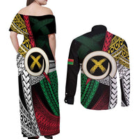Ni-Van Vanuatu 45th Yumi Yumi Yumi Couples Matching Off Shoulder Maxi Dress and Long Sleeve Button Shirt Vanuatuan Boar Tusk Polynesian Pattern LT9 - Polynesian Pride