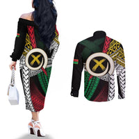 Ni-Van Vanuatu 45th Yumi Yumi Yumi Couples Matching Off The Shoulder Long Sleeve Dress and Long Sleeve Button Shirt Vanuatuan Boar Tusk Polynesian Pattern LT9 - Polynesian Pride