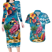 Hawaiian Flamingo Hibiscus Personalised Couples Matching Long Sleeve Bodycon Dress and Hawaiian Shirt Blue Summer Tropical Flowers LT9 Blue - Polynesian Pride