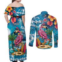 Hawaiian Flamingo Hibiscus Personalised Couples Matching Off Shoulder Maxi Dress and Long Sleeve Button Shirt Blue Summer Tropical Flowers LT9 - Polynesian Pride