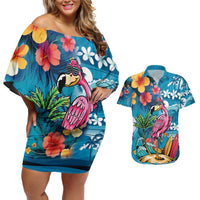 Hawaiian Flamingo Hibiscus Personalised Couples Matching Off Shoulder Short Dress and Hawaiian Shirt Blue Summer Tropical Flowers LT9 Blue - Polynesian Pride