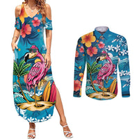 Hawaiian Flamingo Hibiscus Personalised Couples Matching Summer Maxi Dress and Long Sleeve Button Shirt Blue Summer Tropical Flowers LT9 Blue - Polynesian Pride