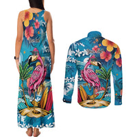 Hawaiian Flamingo Hibiscus Personalised Couples Matching Tank Maxi Dress and Long Sleeve Button Shirt Blue Summer Tropical Flowers LT9 - Polynesian Pride