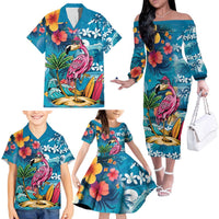 Hawaiian Flamingo Hibiscus Personalised Family Matching Off The Shoulder Long Sleeve Dress and Hawaiian Shirt Blue Summer Tropical Flowers LT9 - Polynesian Pride