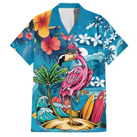 Hawaiian Flamingo Hibiscus Personalised Family Matching Off The Shoulder Long Sleeve Dress and Hawaiian Shirt Blue Summer Tropical Flowers LT9 Dad's Shirt - Short Sleeve Blue - Polynesian Pride