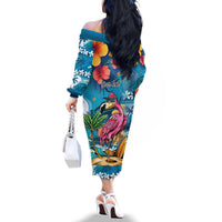 Hawaiian Flamingo Hibiscus Personalised Family Matching Off The Shoulder Long Sleeve Dress and Hawaiian Shirt Blue Summer Tropical Flowers LT9 - Polynesian Pride