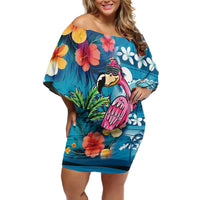 Hawaiian Flamingo Hibiscus Personalised Family Matching Off Shoulder Short Dress and Hawaiian Shirt Blue Summer Tropical Flowers LT9 Mom's Dress Blue - Polynesian Pride