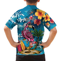 Hawaiian Flamingo Hibiscus Personalised Family Matching Short Sleeve Bodycon Dress and Hawaiian Shirt Blue Summer Tropical Flowers LT9 - Polynesian Pride