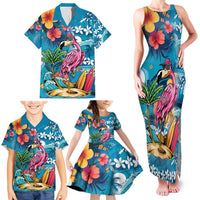 Hawaiian Flamingo Hibiscus Personalised Family Matching Tank Maxi Dress and Hawaiian Shirt Blue Summer Tropical Flowers LT9 - Polynesian Pride
