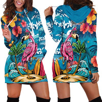 Hawaiian Flamingo Hibiscus Personalised Hoodie Dress Blue Summer Tropical Flowers LT9 - Polynesian Pride