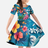 Hawaiian Flamingo Hibiscus Personalised Kid Short Sleeve Dress Blue Summer Tropical Flowers LT9 KID Blue - Polynesian Pride