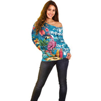 Hawaiian Flamingo Hibiscus Personalised Off Shoulder Sweater Blue Summer Tropical Flowers - Polynesian Pride