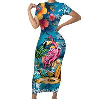 Hawaiian Flamingo Hibiscus Personalised Short Sleeve Bodycon Dress Blue Summer Tropical Flowers LT9 Long Dress Blue - Polynesian Pride