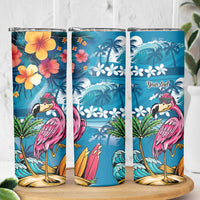 Hawaiian Flamingo Hibiscus Personalised Skinny Tumbler Blue Summer Tropical Flowers LT9 - Polynesian Pride