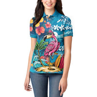Hawaiian Flamingo Hibiscus Personalised Women Polo Shirt Blue Summer Tropical Flowers LT9 - Polynesian Pride