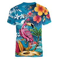 Hawaiian Flamingo Hibiscus Personalised Women V-Neck T-Shirt Blue Summer Tropical Flowers LT9 - Polynesian Pride