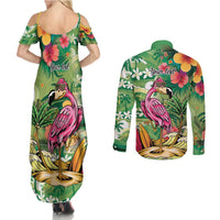 Hawaiian Flamingo Hibiscus Personalised Couples Matching Summer Maxi Dress and Long Sleeve Button Shirt Green Summer Tropical Flowers LT9 - Polynesian Pride