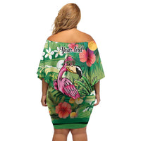Hawaiian Flamingo Hibiscus Personalised Family Matching Off Shoulder Short Dress and Hawaiian Shirt Green Summer Tropical Flowers LT9 - Polynesian Pride