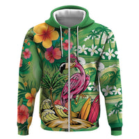 Hawaiian Flamingo Hibiscus Personalised Hoodie Green Summer Tropical Flowers LT9 Zip Hoodie Green - Polynesian Pride