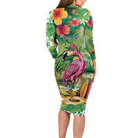 Hawaiian Flamingo Hibiscus Personalised Long Sleeve Bodycon Dress Green Summer Tropical Flowers LT9 - Polynesian Pride