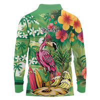 Hawaiian Flamingo Hibiscus Personalised Long Sleeve Polo Shirt Green Summer Tropical Flowers LT9 - Polynesian Pride