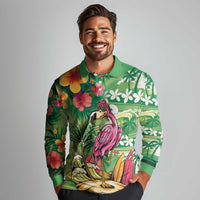 Hawaiian Flamingo Hibiscus Personalised Long Sleeve Polo Shirt Green Summer Tropical Flowers LT9 - Polynesian Pride