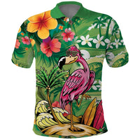 Hawaiian Flamingo Hibiscus Personalised Polo Shirt Green Summer Tropical Flowers LT9 Green - Polynesian Pride