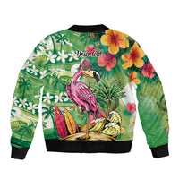 Hawaiian Flamingo Hibiscus Personalised Sleeve Zip Bomber Jacket Green Summer Tropical Flowers - Polynesian Pride