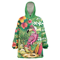 Hawaiian Flamingo Hibiscus Personalised Wearable Blanket Hoodie Green Summer Tropical Flowers LT9 One Size Green - Polynesian Pride