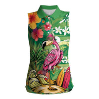 Hawaiian Flamingo Hibiscus Personalised Women Sleeveless Polo Shirt Green Summer Tropical Flowers LT9 Female Green - Polynesian Pride