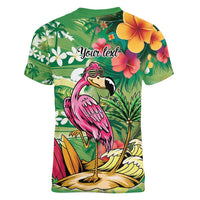 Hawaiian Flamingo Hibiscus Personalised Women V-Neck T-Shirt Green Summer Tropical Flowers LT9 - Polynesian Pride