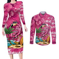 Hawaiian Flamingo Hibiscus Personalised Couples Matching Long Sleeve Bodycon Dress and Long Sleeve Button Shirt Pink Summer Tropical Flowers LT9 Pink - Polynesian Pride