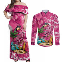 Hawaiian Flamingo Hibiscus Personalised Couples Matching Off Shoulder Maxi Dress and Long Sleeve Button Shirt Pink Summer Tropical Flowers LT9 Pink - Polynesian Pride