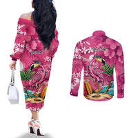 Hawaiian Flamingo Hibiscus Personalised Couples Matching Off The Shoulder Long Sleeve Dress and Long Sleeve Button Shirt Pink Summer Tropical Flowers LT9 - Polynesian Pride
