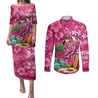 Hawaiian Flamingo Hibiscus Personalised Couples Matching Puletasi and Long Sleeve Button Shirt Pink Summer Tropical Flowers LT9 Pink - Polynesian Pride