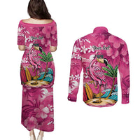 Hawaiian Flamingo Hibiscus Personalised Couples Matching Puletasi and Long Sleeve Button Shirt Pink Summer Tropical Flowers LT9 - Polynesian Pride