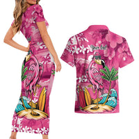 Hawaiian Flamingo Hibiscus Personalised Couples Matching Short Sleeve Bodycon Dress and Hawaiian Shirt Pink Summer Tropical Flowers LT9 - Polynesian Pride